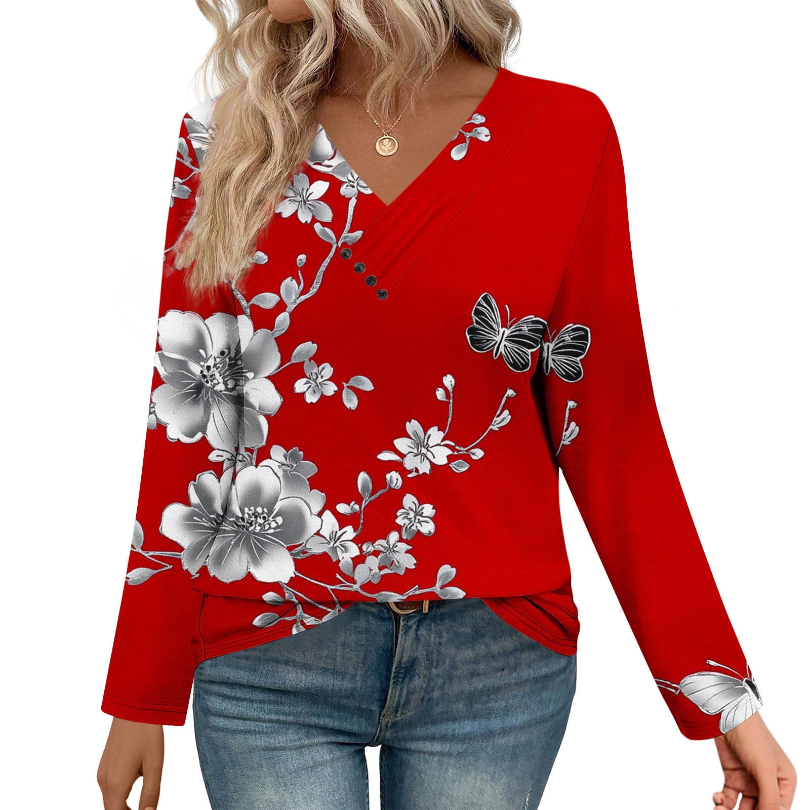 Delliss Women's Fashion Daily Print V Neck Pullover Long Sleeve Casual ...