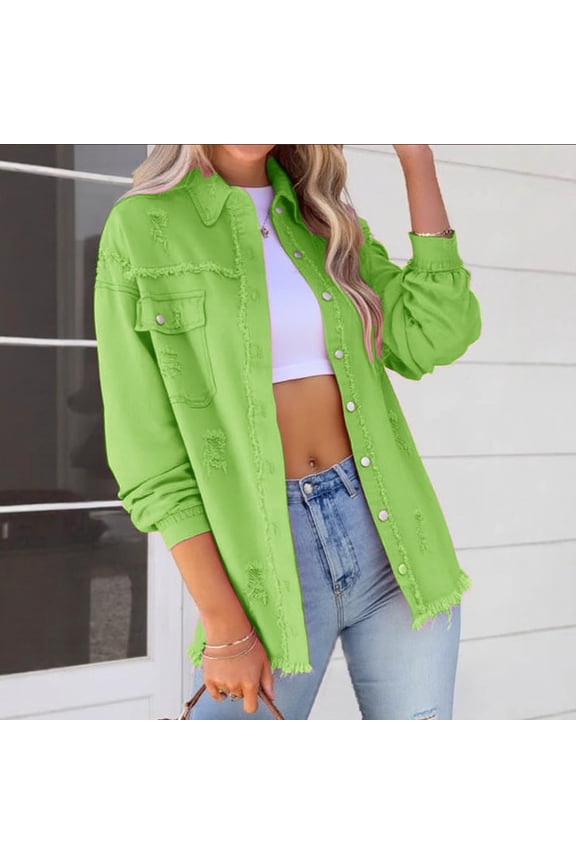 Women's Fashion Long Sleeve Denim Jacket Frayed Hem Coat Mint Green L