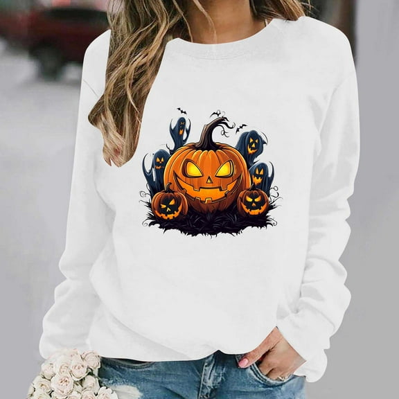 Delliss Women's Fashion Long Sleeve Halloween Print Shirt Clear XL