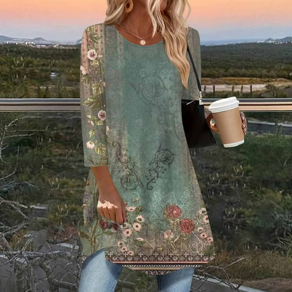 Delliss Women's Fashion Print Fall 3/4 Sleeve Curved Hem Long Top Army Green XL