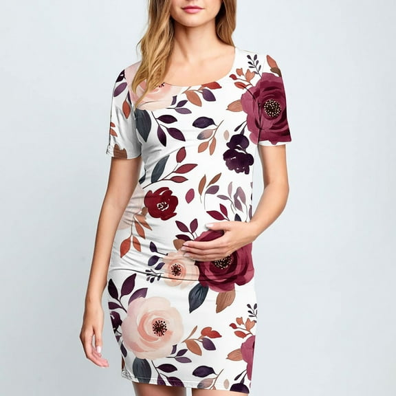 Delliss Women's Fashion Print Maternity Bodycon Dress Causal Simple Pregnancy Dress