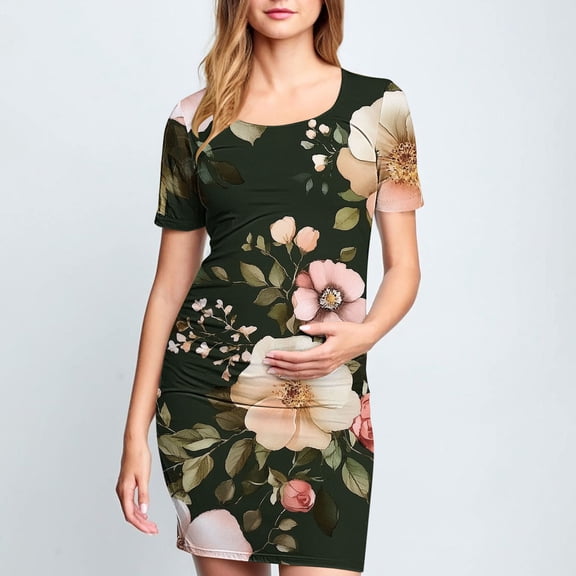 Delliss Women's Fashion Print Maternity Bodycon Dress Causal Simple Pregnancy Dress