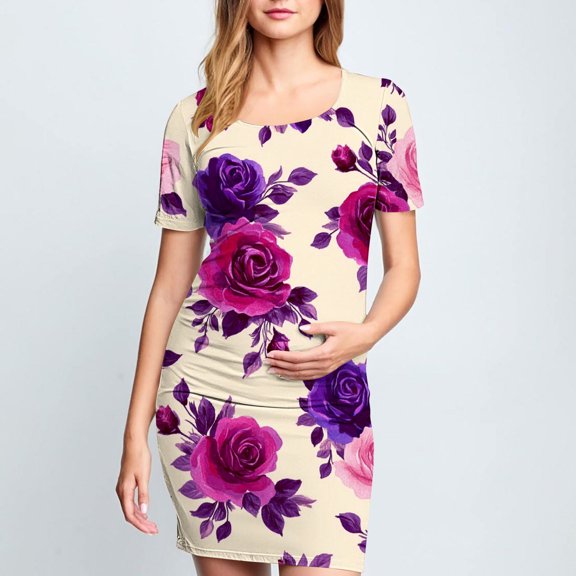 Delliss Women's Fashion Print Maternity Bodycon Dress Causal Simple Pregnancy Dress