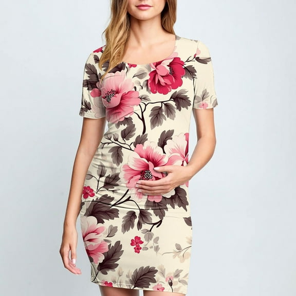 Delliss Women's Fashion Print Maternity Bodycon Dress Causal Simple Pregnancy Dress