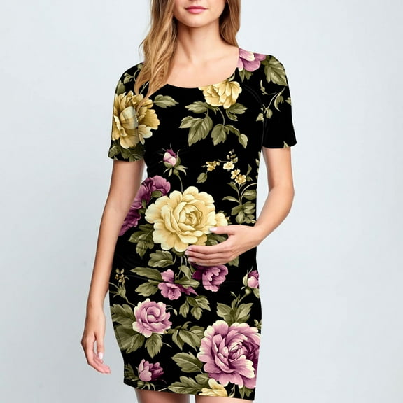 Delliss Women's Fashion Print Maternity Bodycon Dress Causal Simple Pregnancy Dress