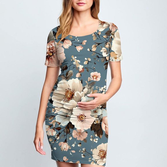 Delliss Women's Fashion Print Maternity Bodycon Dress Causal Simple Pregnancy Dress