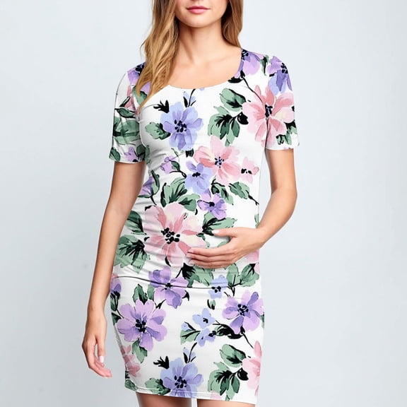 Delliss Women's Fashion Print Maternity Bodycon Dress Causal Simple Pregnancy Dress