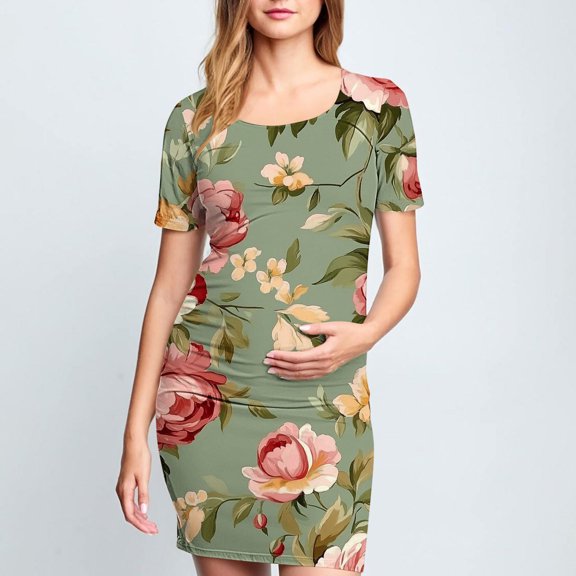 Delliss Women's Fashion Print Maternity Bodycon Dress Causal Simple Pregnancy Dress