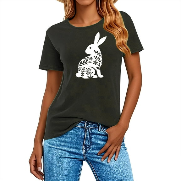 Delliss Women's Fashion Rabbit Print Tee Round Neck Short Sleeve Casual Baggy Top