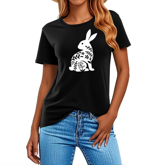 Delliss Women's Fashion Rabbit Print Tee Round Neck Short Sleeve Casual Baggy Top