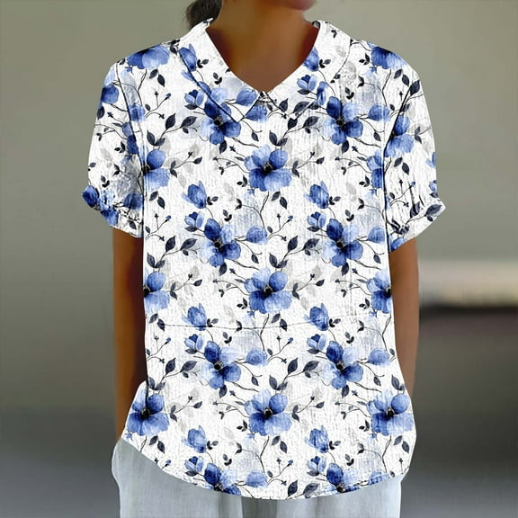Delliss Women's Fashion Shirt Peter Pan Collar Frilled Short Sleeve Summer Tops Casual Vintage Floral Blouse