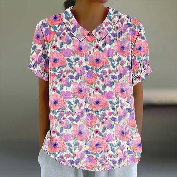 Delliss Women's Fashion Shirt Peter Pan Collar Frilled Short Sleeve Summer Tops Casual Vintage Floral Blouse