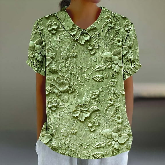 Delliss Women's Fashion Shirt Peter Pan Collar Frilled Short Sleeve Summer Tops Casual Vintage Floral Blouse