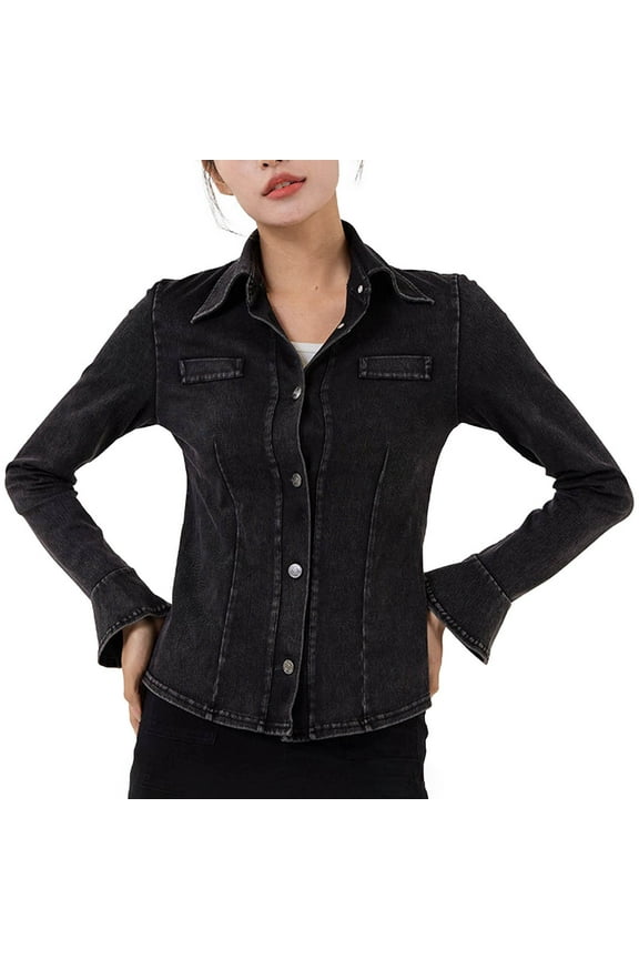 Women's Flare Sleeve Denim Jacket Lapel Comfy Button Fall Clothes Dark Gray M