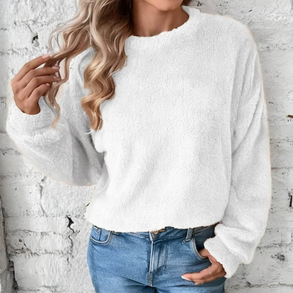 Delliss Women's Fleece Winter Warm Long Sleeve Loose Casual Top White L