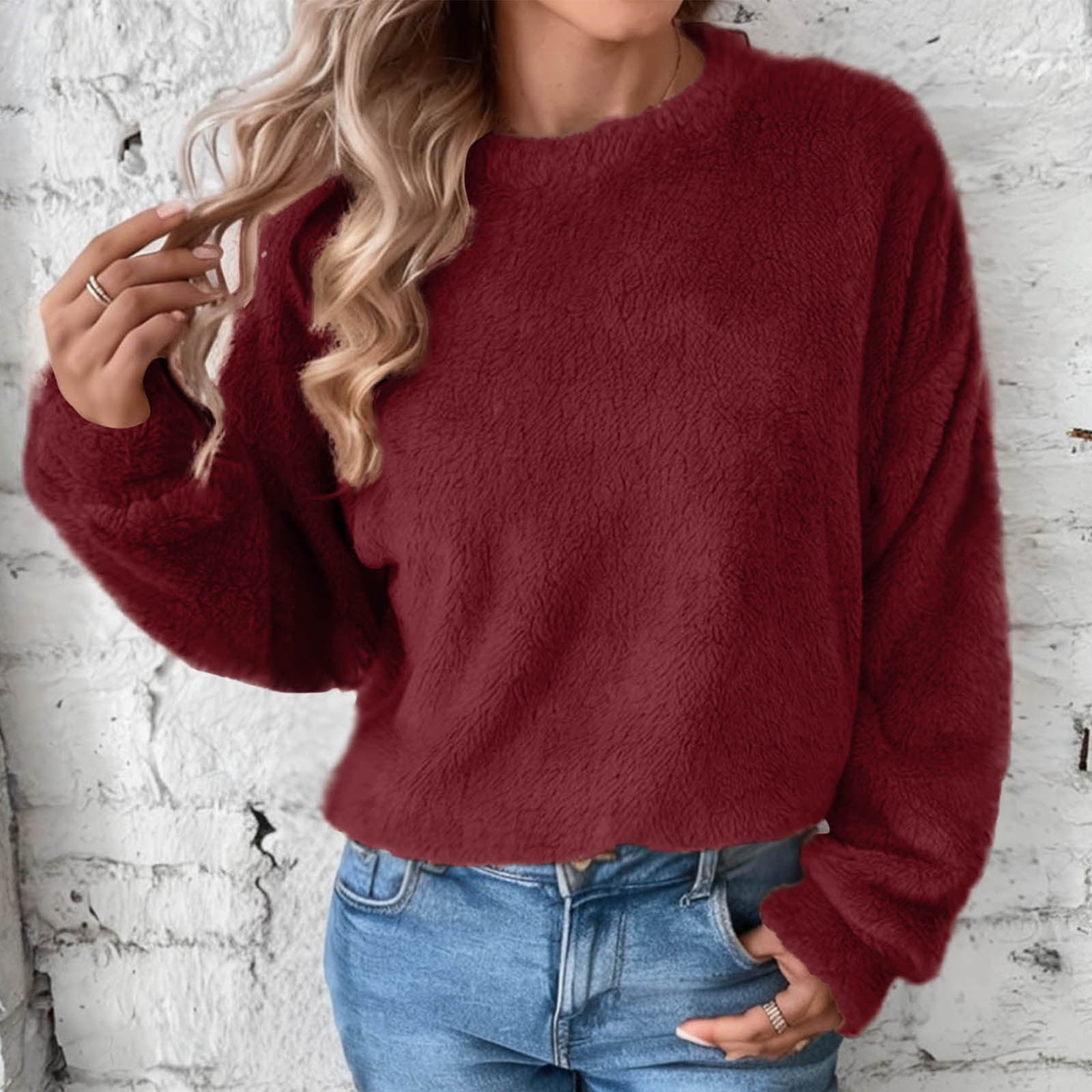Delliss Women's Fleece Winter Warm Long Sleeve Loose Casual Top Wine S
