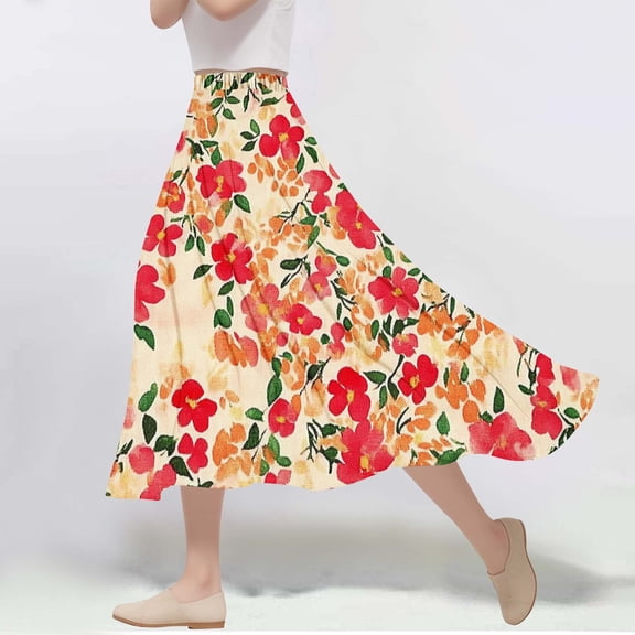 Delliss Women's Flowy Print Skirts Comfy Trendy Elegant Skirt Red S