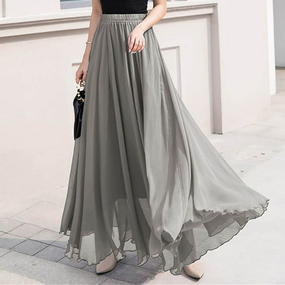 Delliss Women's Flowy Tulle Layered Skirts Elastic Waist Solid Color Skirts Gray M