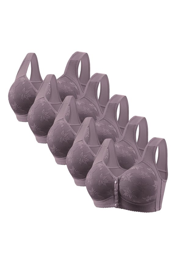 Women's Front Button Leaf Print Bra Passion for Comfort Full-Coverage Lace Underwire Bra Seamless Cups 5PC