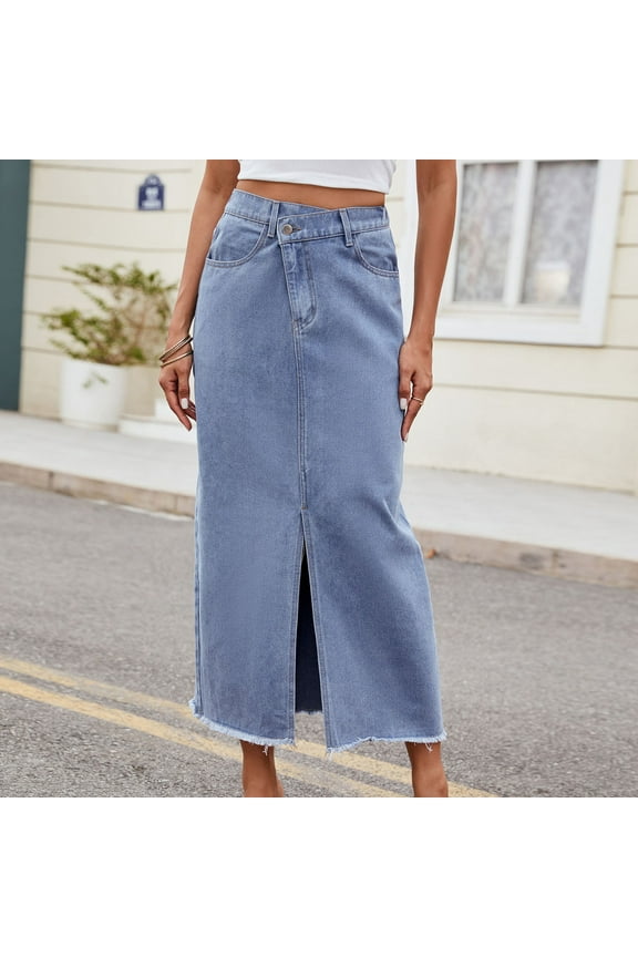Women's Front Cross Criss Frayed Hem Denim Skirt Split Stylish Slim Fit Jean Skirt