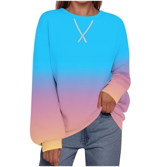 Delliss Women's Gradient Fashion Casual Sweatshirt Loose Round Neck Drop Shoulder Bell Sleeve Top Light Blue XL
