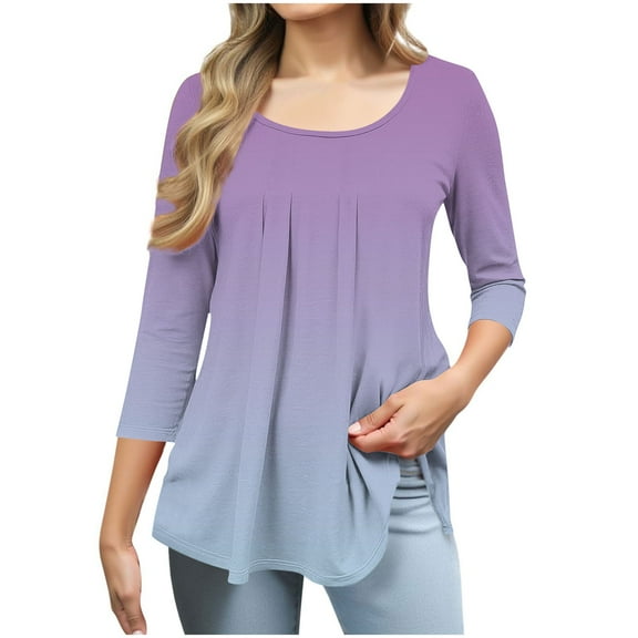 Delliss Women's Gradient Print Shirt 3/4 Sleeve Pleated Comfy Basic Top Navy S