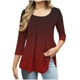 thumbnail image 1 of Delliss Women's Gradient Print Shirt 3/4 Sleeve Pleated Comfy Basic Top Wine S, 1 of 6