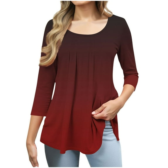 Delliss Women's Gradient Print Shirt 3/4 Sleeve Pleated Comfy Basic Top Wine S