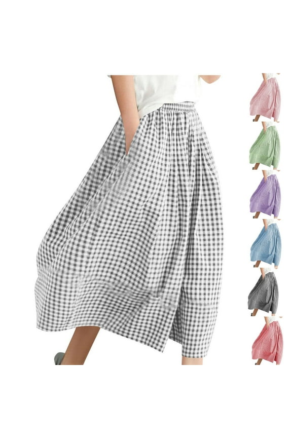 Women's Grid Print Flowy Culottes Baggy Elastic Waist Pant