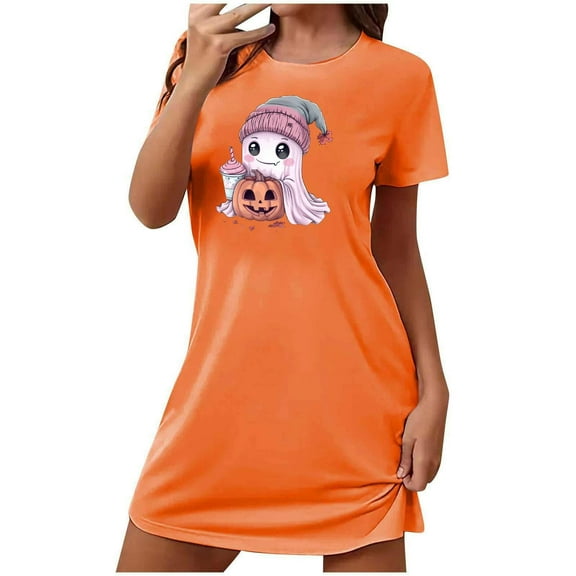 Delliss Women's Halloween Nightgowns Crew Neck Short Sleeve Nightshirt Orange XL