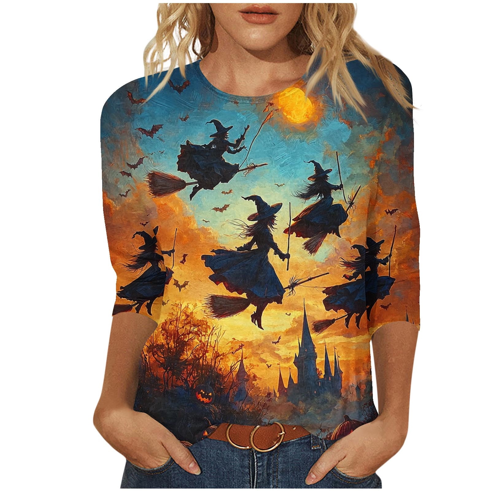 Delliss Women\u0026#39;s Halloween Print 3\/4 Sleeve Blouse Round Neck Pullover Stylish Basic Top ...