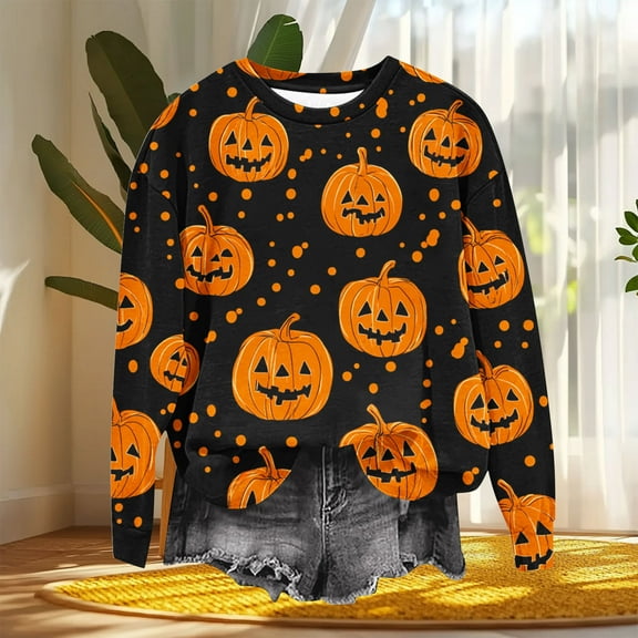 Delliss Women's Halloween Print Blouse Round Neck Long Sleeve Basic Top Gold S