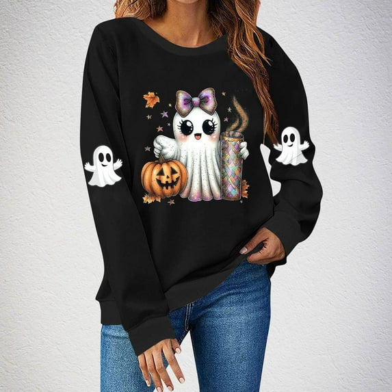 Delliss Women's Halloween Print Casual Long Sleeve Top Fall Blouse Black XXL