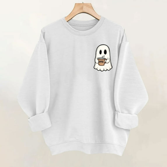 Delliss Women's Halloween Print Casual Long Sleeve Top Sweatshirt White M
