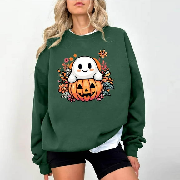 Delliss Women's Halloween Print Long Sleeve Basic Top Loose Comfy Shirt Green S