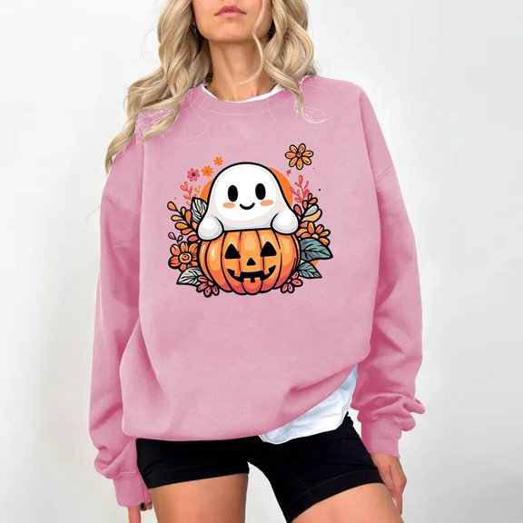 Delliss Women's Halloween Print Long Sleeve Basic Top Loose Comfy Shirt Pink S