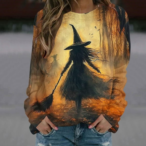 Delliss Women's Halloween Print Long Sleeve Crew Neck Pullover Basic Casual Top Brown L