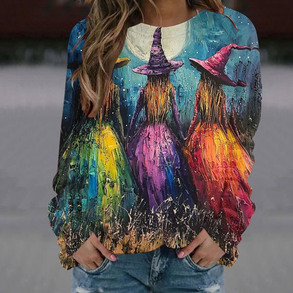 Delliss Women's Halloween Print Long Sleeve Crew Neck Pullover Basic Casual Top Green S