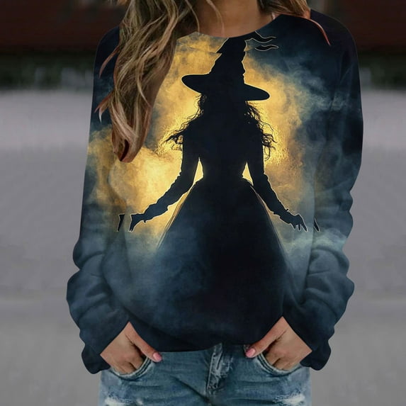 Delliss Women's Halloween Print Long Sleeve Crew Neck Pullover Basic Casual Top Navy M