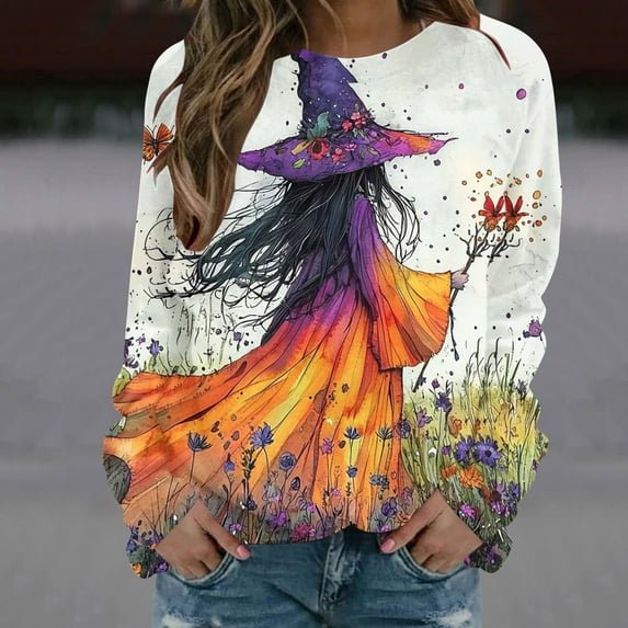 Delliss Women's Halloween Print Long Sleeve Crew Neck Pullover Basic Casual Top White XL
