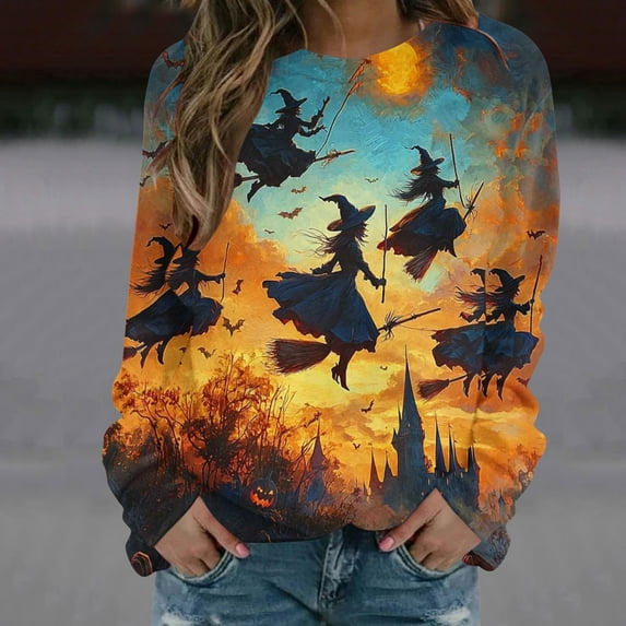 Delliss Women's Halloween Print Long Sleeve Crew Neck Pullover Basic Casual Top Yellow XXL