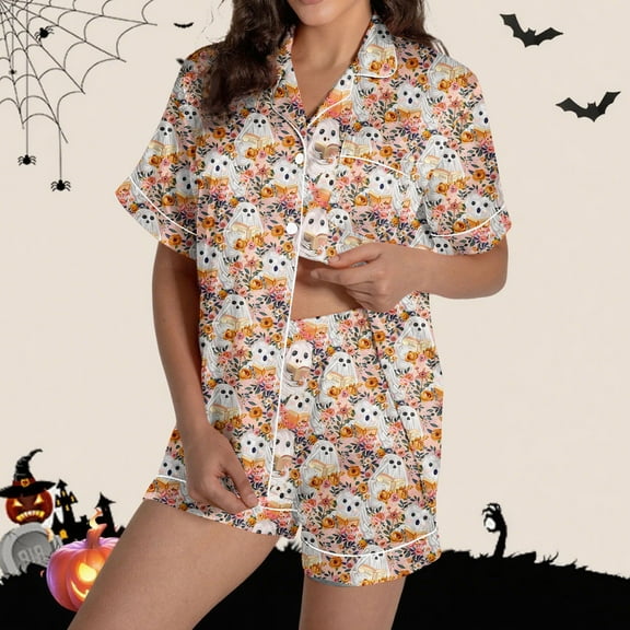 Delliss Women's Halloween Print Loungewear Short Sleeve Lapel Button Shorts Pajama Set Fashion Sleepwear Khaki S