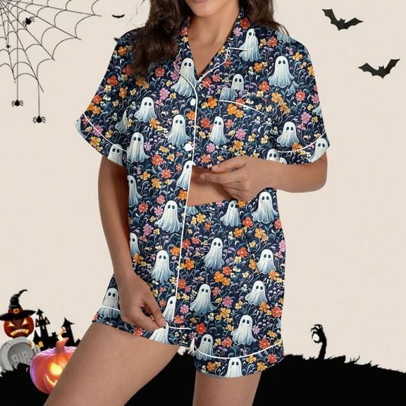 Delliss Women's Halloween Print Loungewear Short Sleeve Lapel Button Shorts Pajama Set Fashion Sleepwear Navy S