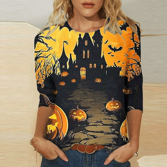 Delliss Women's Halloween Print Pullover Baggy Sweatshirt Loose Round Neck 3/4 Sleeve T-Shirt Classic Top Dark Gray L
