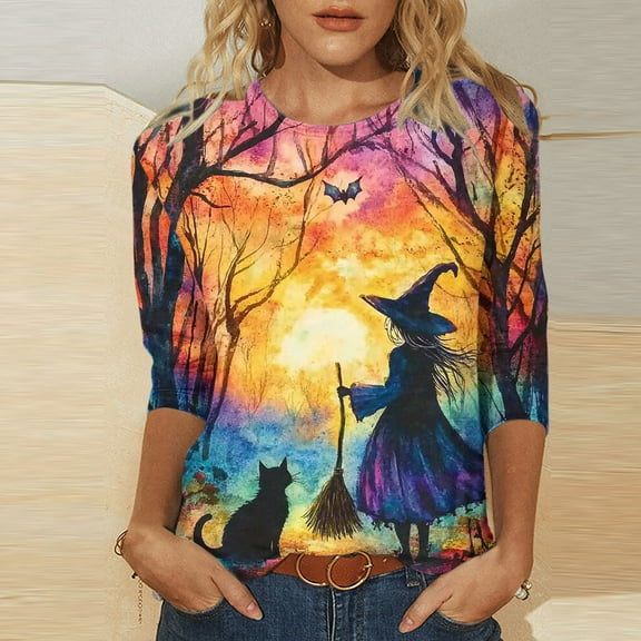 Delliss Women's Halloween Print Pullover Baggy Sweatshirt Loose Round Neck 3/4 Sleeve T-Shirt Classic Top Gold L