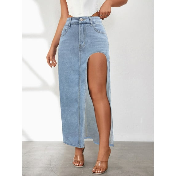 Delliss Women's High Slit Long Stretch Denim Skirt