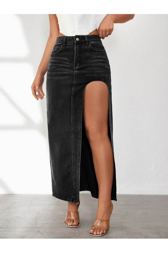 Women's High Slit Long Stretch Denim Skirt