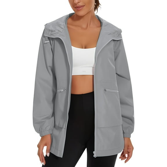 Delliss Women's Hooded Hiking Waterproof Coat Zipper Raincoat Jacket Outdoor Gray XL