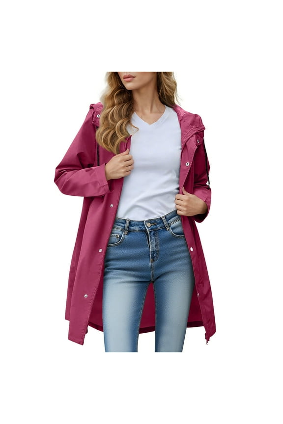 Women's Hooded Waterproof Zipper Raincoat Basic Jacket Hot Pink M