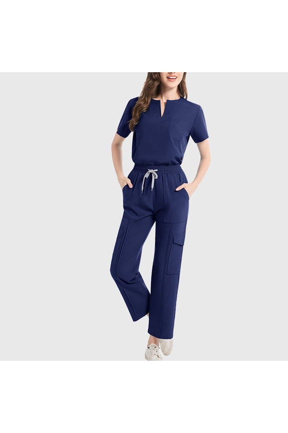 Women's Hospital V Neck Short Sleeve Set Comfortable Work Clothes Set For Doctors And Nurses Navy XXL